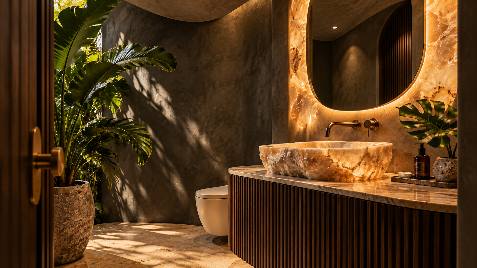 Dramatic powder room with an amber stone basin and tropical foliage