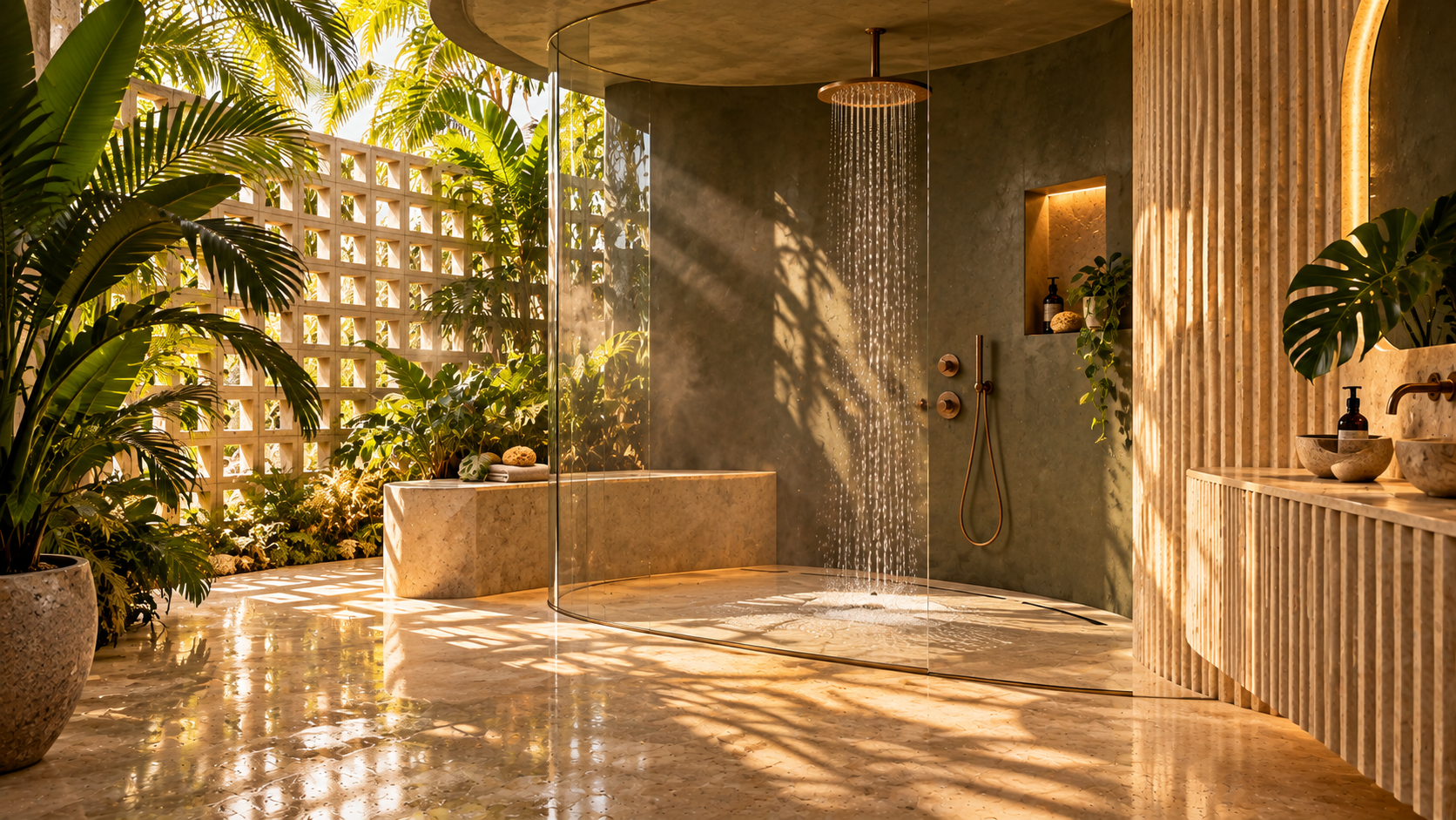 Tropical shower with curved glass, olive plaster, and limestone details