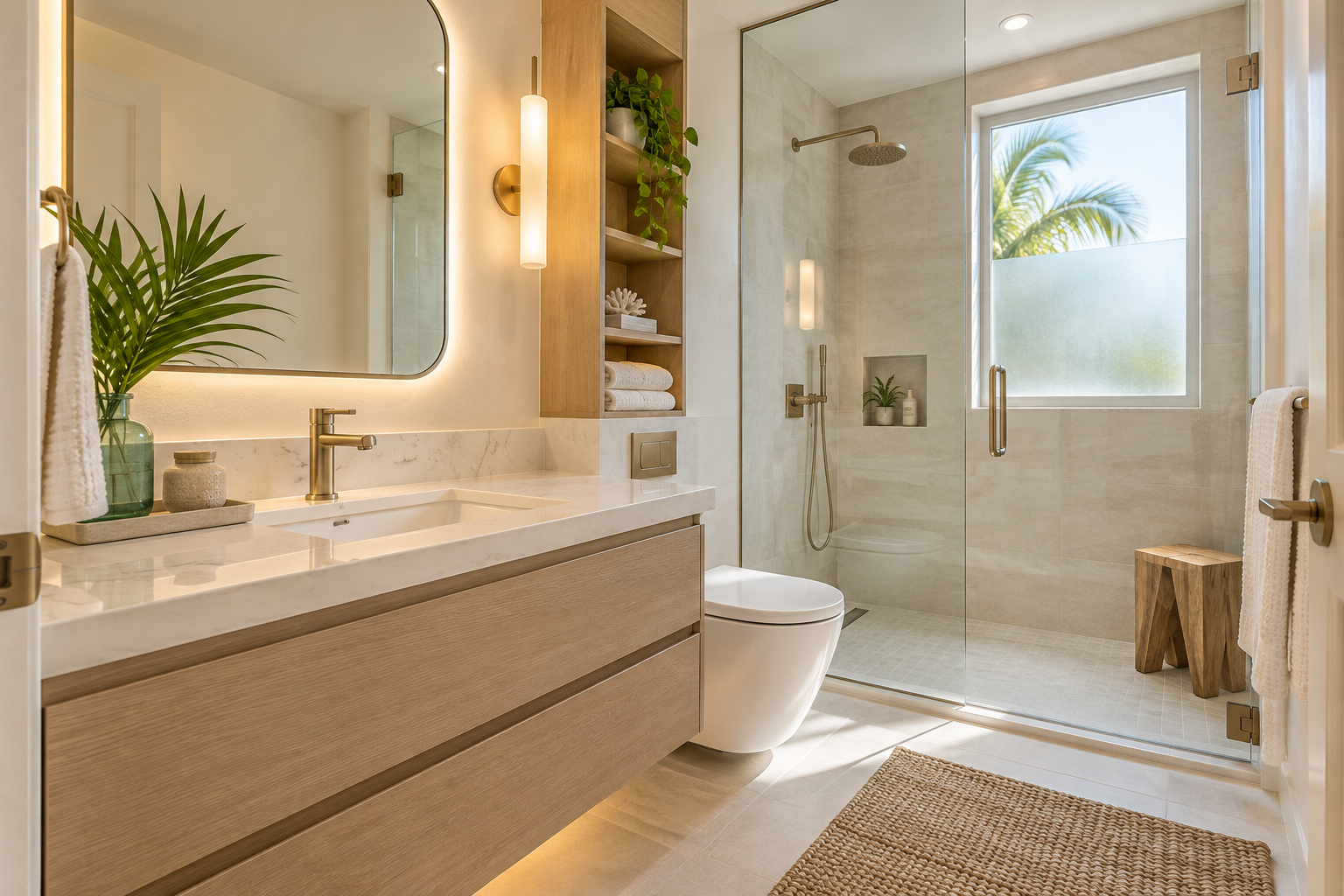 Bright compact condo bathroom with a floating vanity and frameless shower