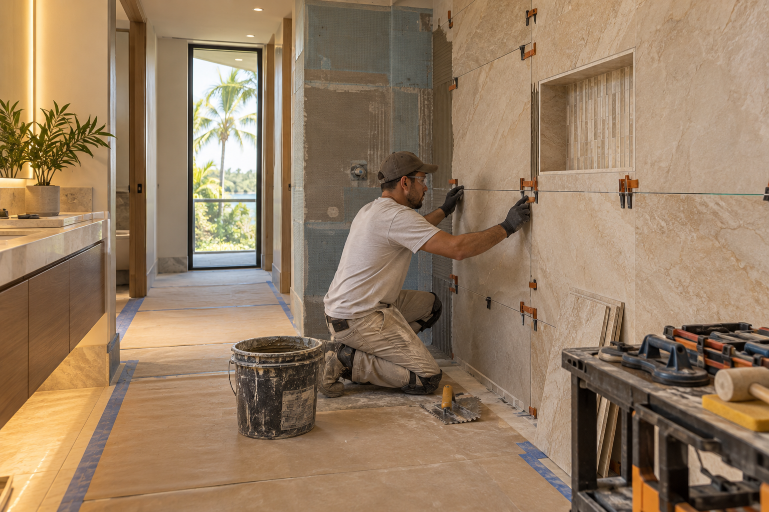 Professional craftsperson precisely installing large format bathroom tile