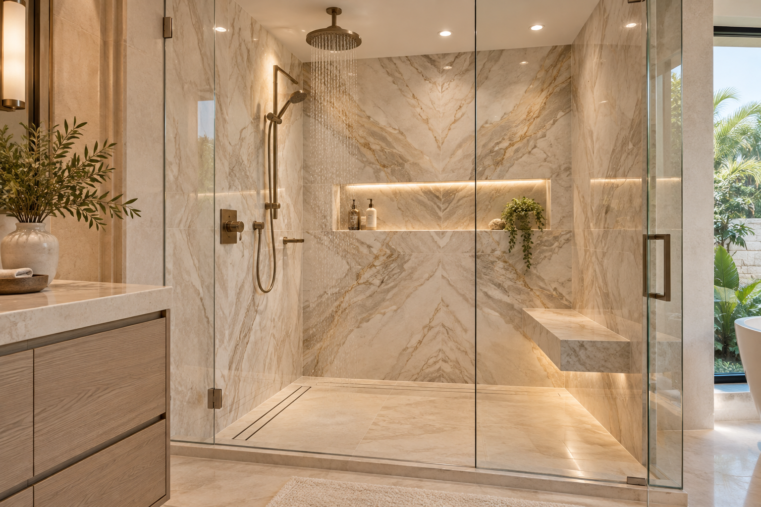 Luxury walk in shower with warm veined slabs, floating bench, and champagne fixtures
